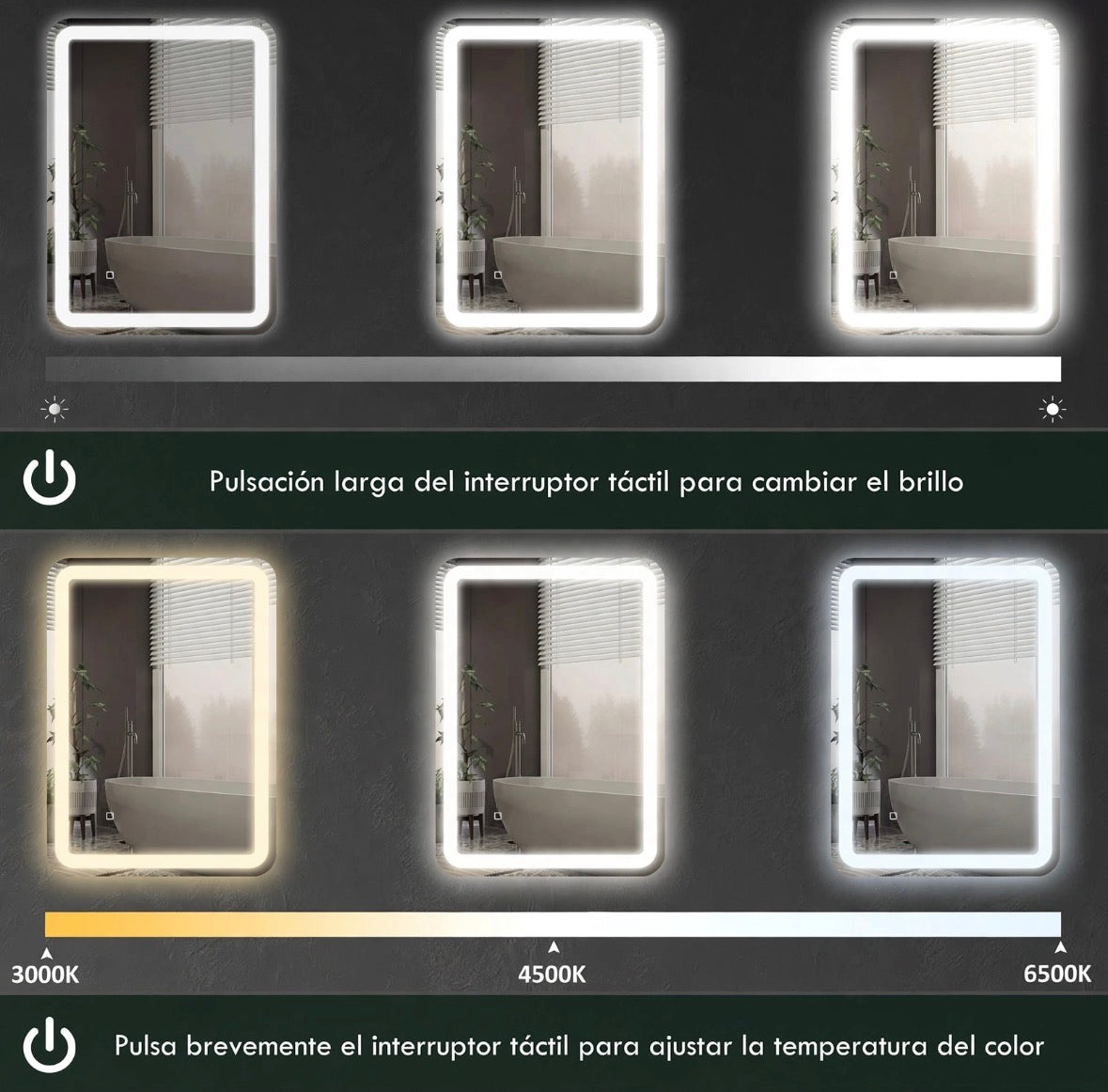 Espejo de Pared con Luz LED Regulable para Baño