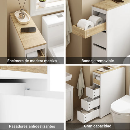Armario Auxiliar para Baño de 20 cm con 3 Cajones y Ruedas