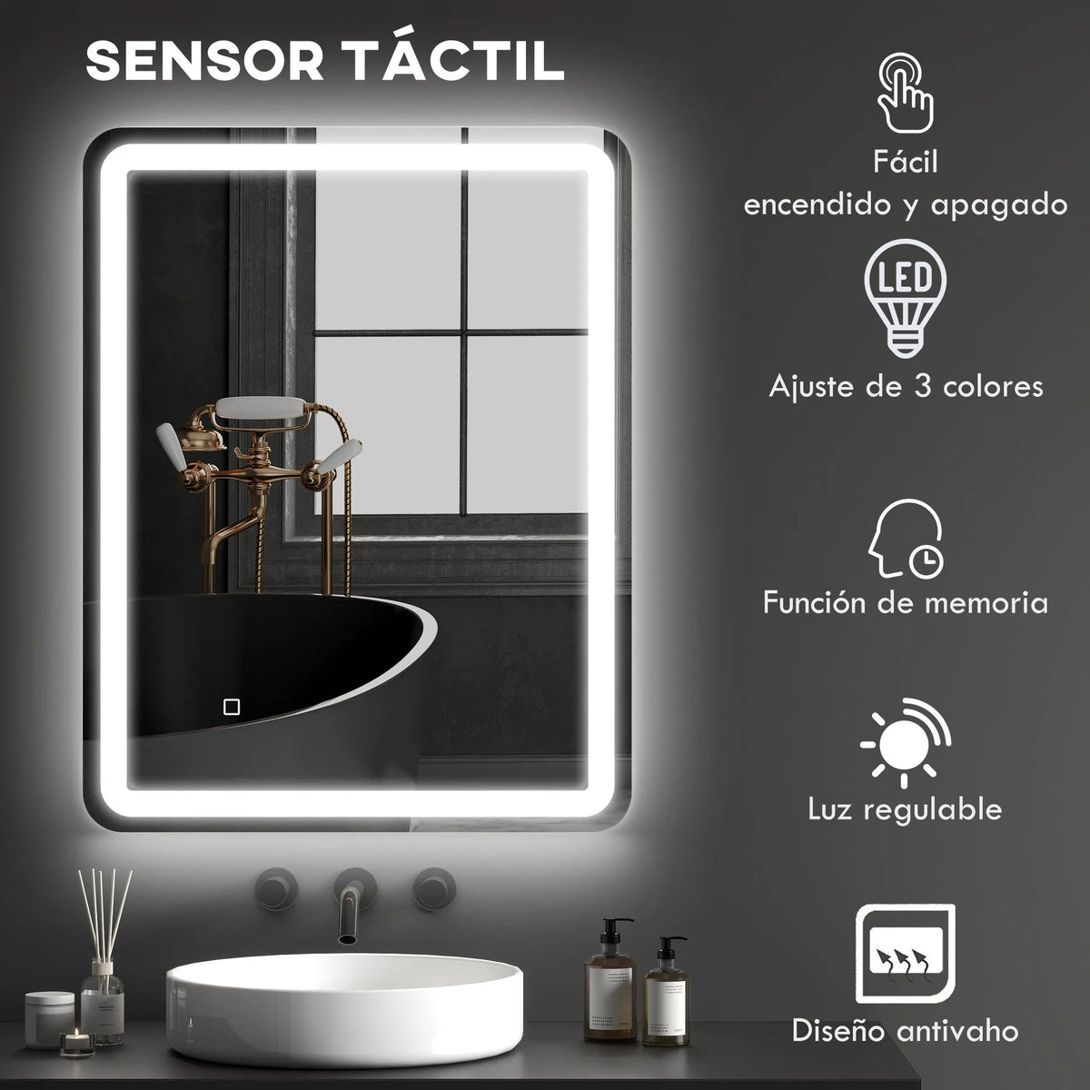 Espejo de Pared con Luz LED Regulable para Baño