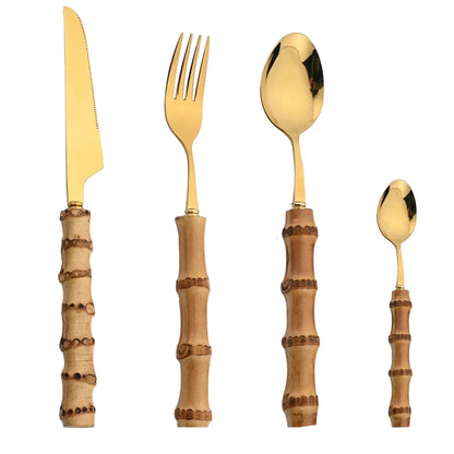Juego de Cubiertos de Acero Inoxidable con Mango de Bambú – 24 Piezas